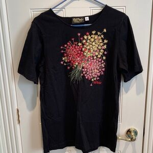 Bob Mackie vintage 1990's Black Tee with Embroidered Colorful Floral Design